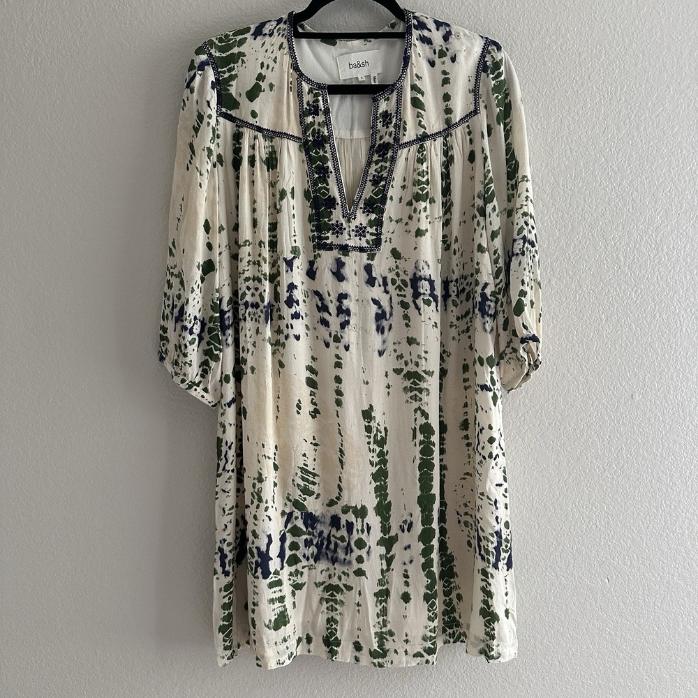 Ba&sh Ilda Tunic Dress Womens Small Cream Green Bamboo Tie Dye Boho Mini Split V